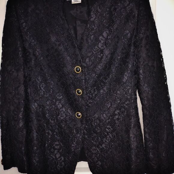 Oleg Cassini Black Lace Jacket Evening Gold Buttons V neck Vintage 10 - Picture 6 of 12